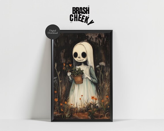 Ghost Girl With Skull Face Holding Flowers Dark Garden Poster