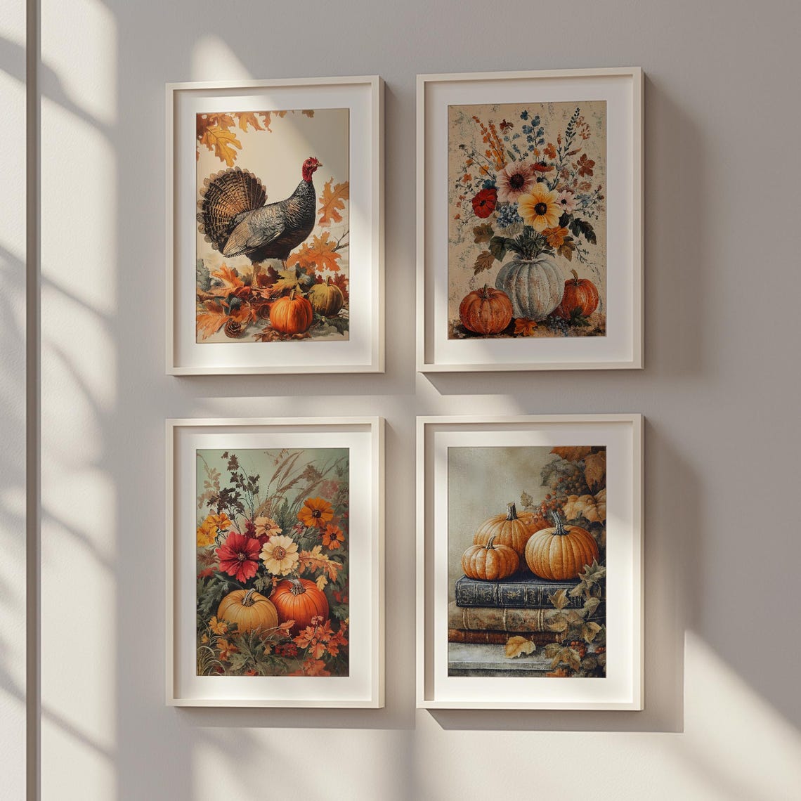Fall Gallery Wall Set of 4 Vintage Turkey Pumpkin Floral Art Print