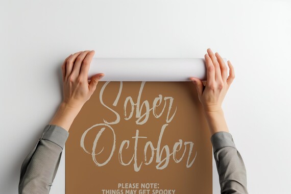 Sober October Cream Script Halloween Party Sign Caramel Wall Art