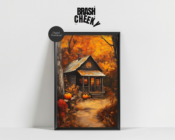 Cozy Autumn Cabin Fall Forest Glowing Windows Pumpkin Art Print