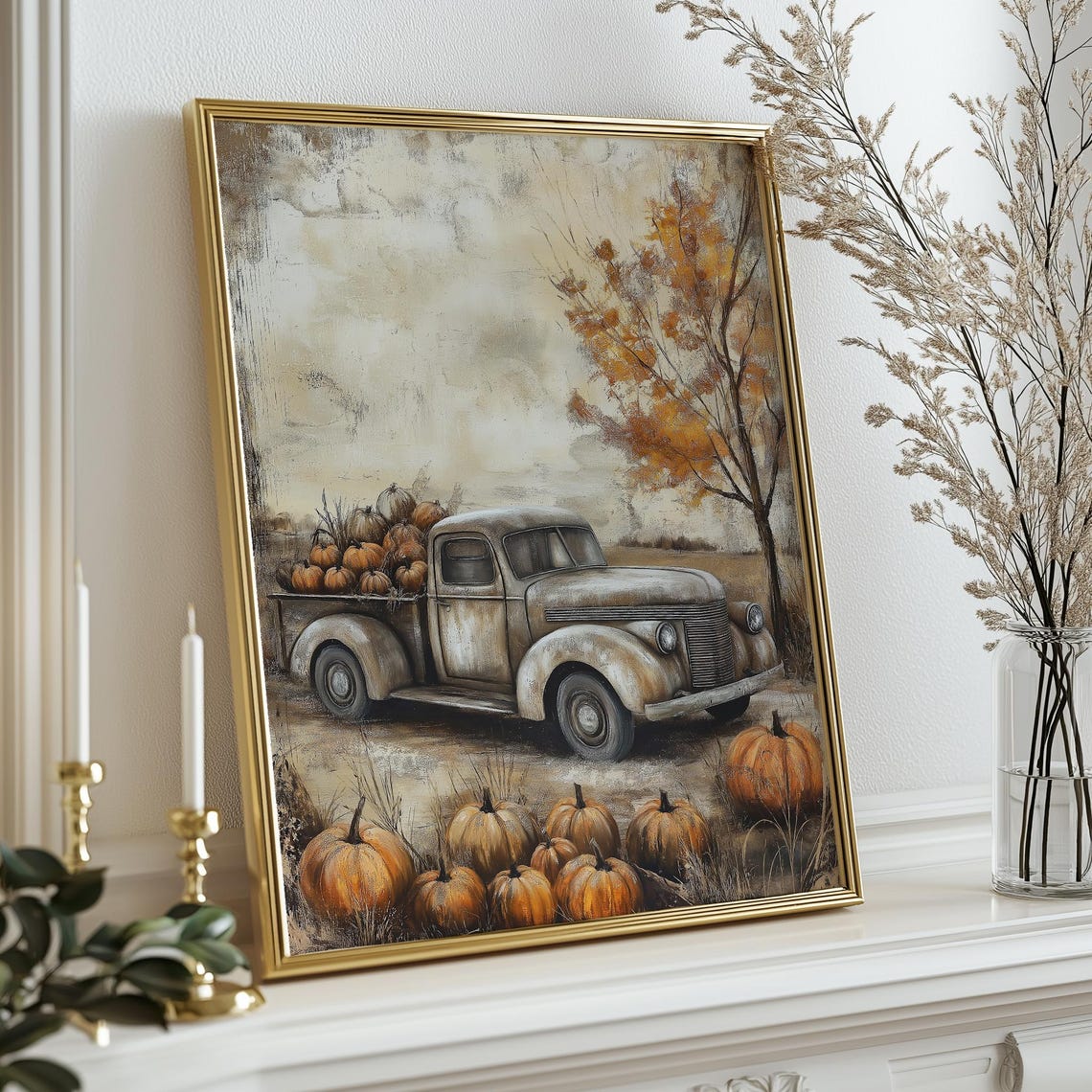 Vintage Truck Loaded With Pumpkins Fall Farm Scene Art Print - Image 3