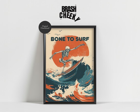 Bone to Surf Skeleton Surfing Retro Sunset Wave Halloween Wall Art
