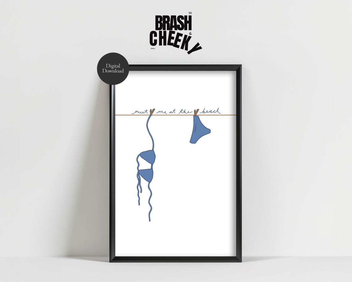 Meet Me at the Beach Blue Bikini Minimalist Coastal Summer Wall Art
