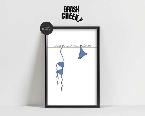 Meet Me at the Beach Blue Bikini Minimalist Coastal Summer Wall Art