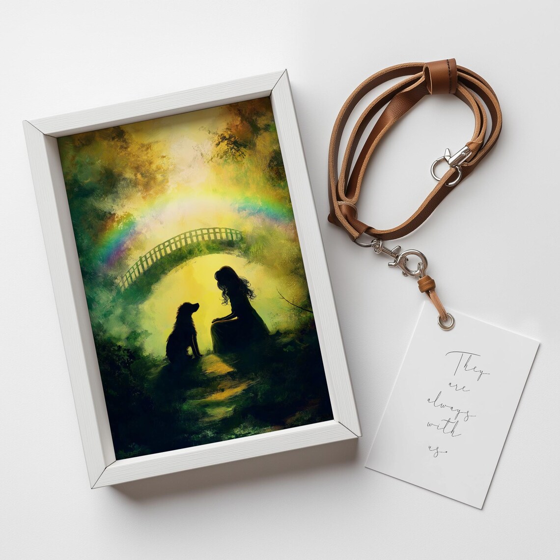 Woman and Dog Under Rainbow Bridge Pet Memorial Silhouette Art Print - Image 3