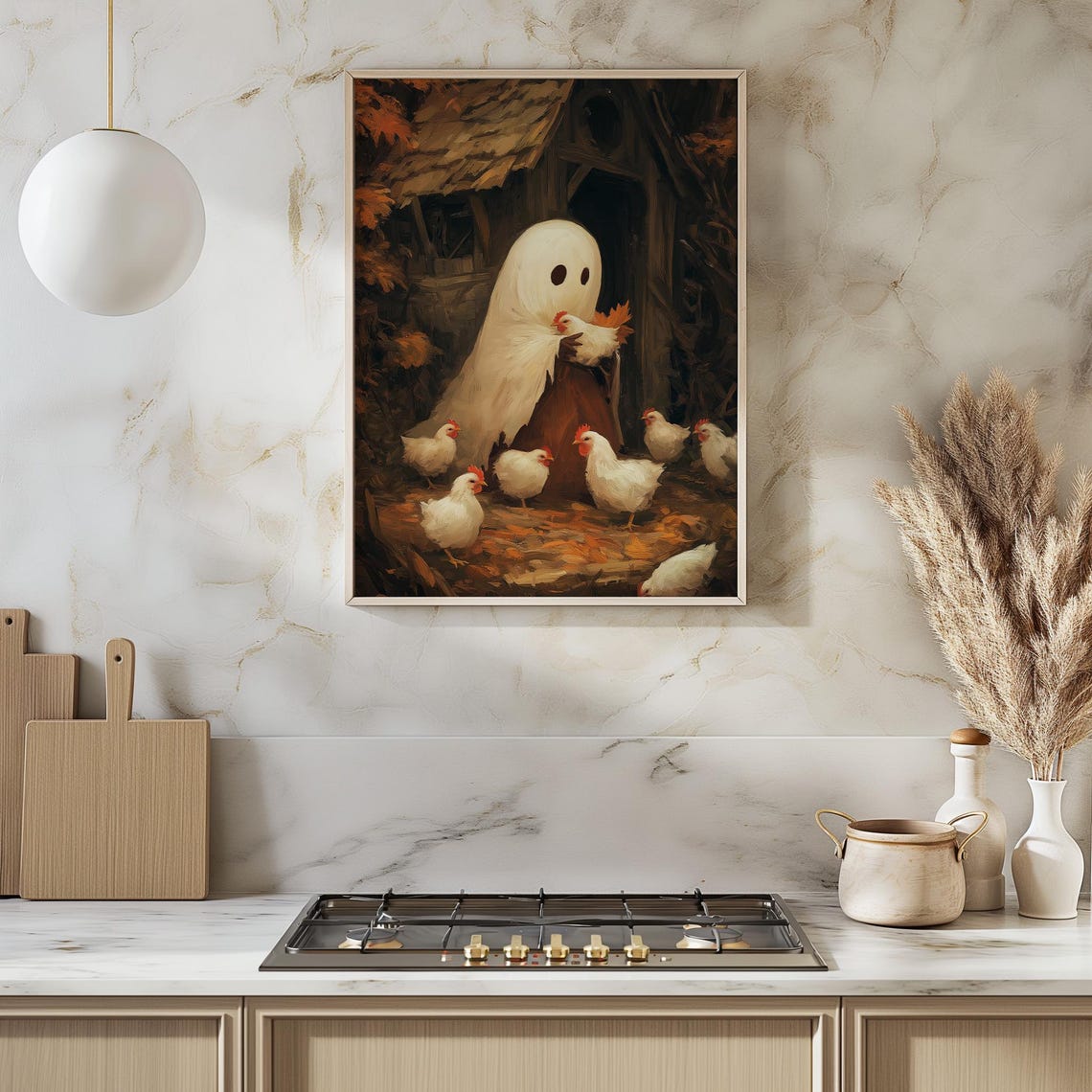 Ghost with Chickens at Chicken Coop Cute Farm Halloween Fall Wall Art - Image 2