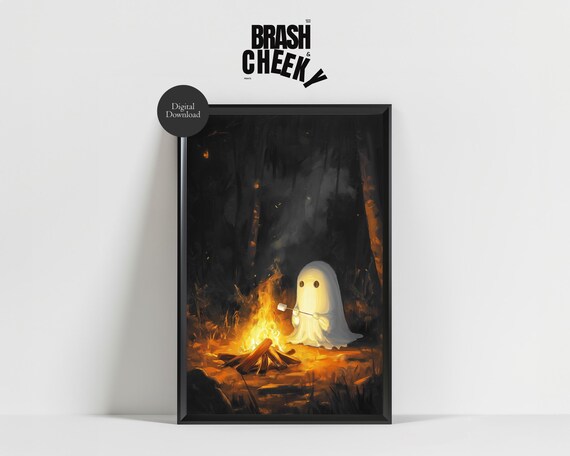 Ghost Roasting Marshmallows By The Campfire Fall Ghost By The Fire Print Cute Ghost Roasting Marshmallows Halloween Art