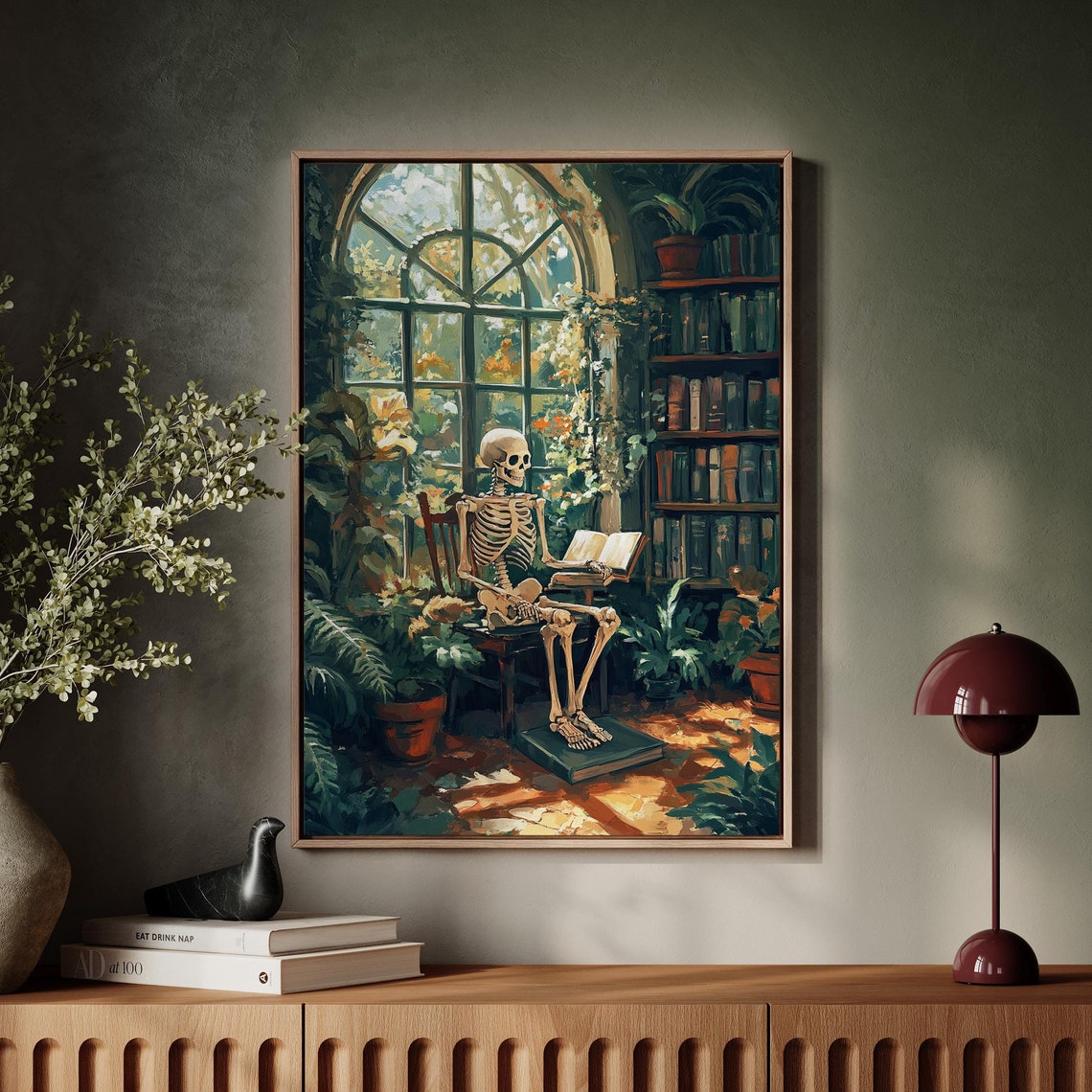 Skeleton Reading In Sunlit Library Botanical Dark Academia Print