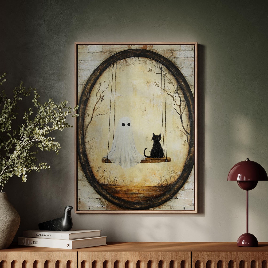 Cute Ghost Black Cat Sharing Swing Vintage Oval Rustic Halloween Print