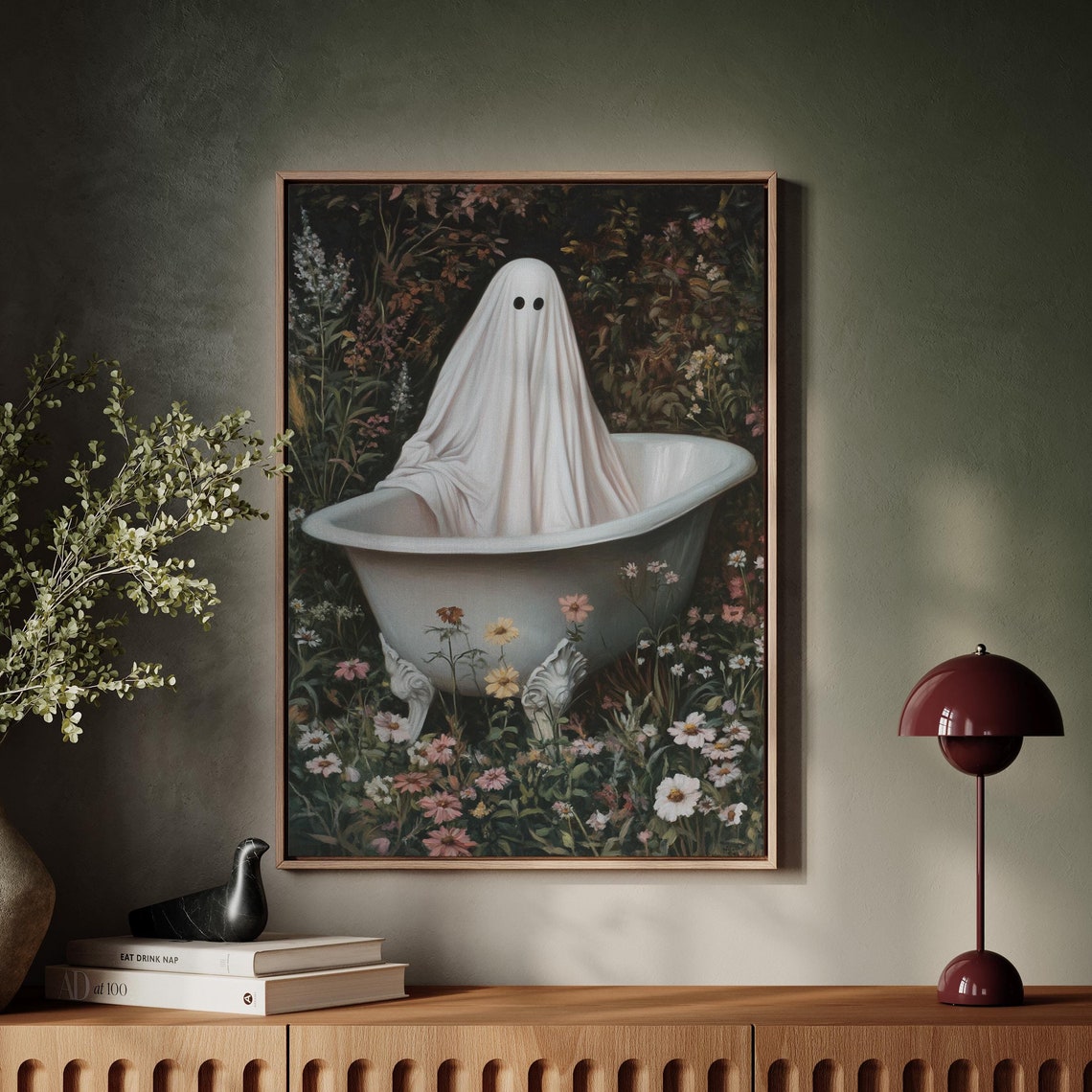 Cute Ghost In Vintage Clawfoot Bathtub Wildflower Art Poster