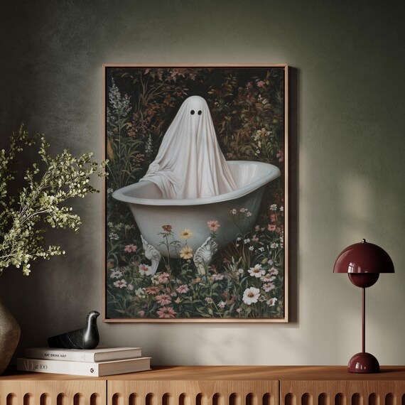 Cute Ghost In Vintage Clawfoot Bathtub Wildflower Art Poster