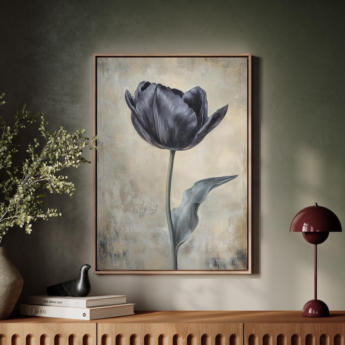 Elegant Black Tulip Painting, Modern Floral Decor