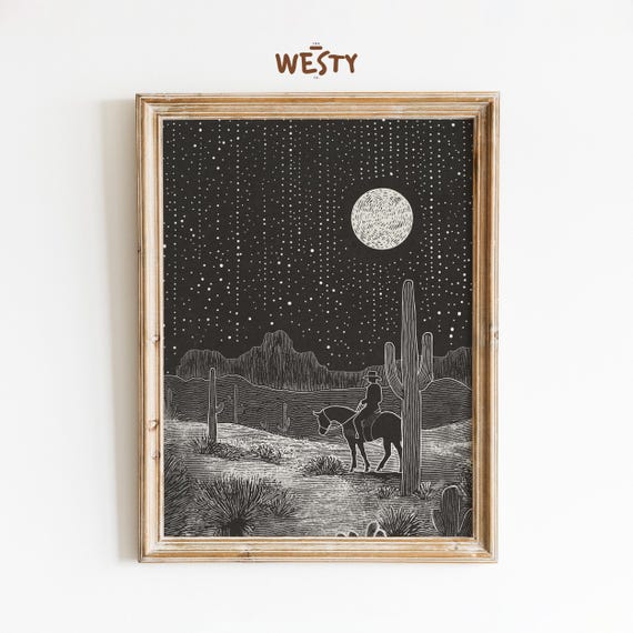Western Cowboy Night Poster Black And White Desert Wall Art Minimalist Starry Sky Illustration