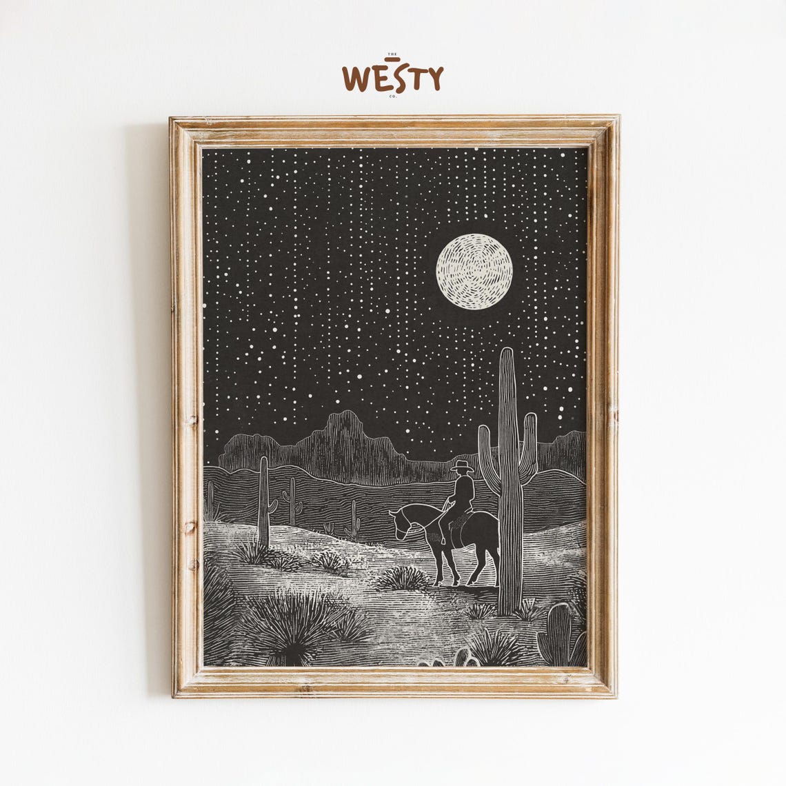 Cowboy Under Starry Night Moon Linocut Desert Horse Rider Poster