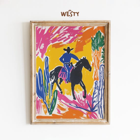 Bold Cowboy Ride Abstract Western Art Vibrant Desert Wall Print