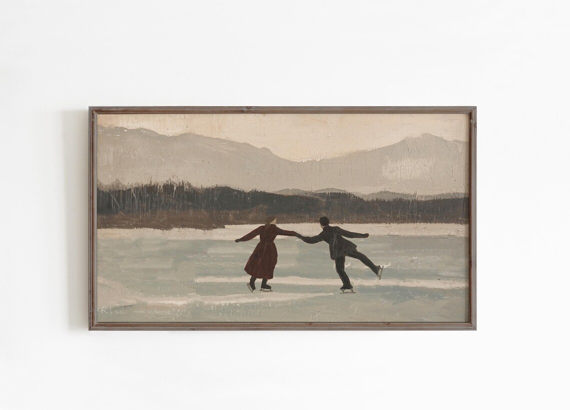 Vintage Ice Skating Couple Frozen Lake Winter Romance Poster - Image 2