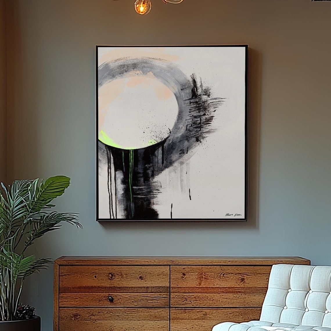 Black Framed Enso Circle Abstract Poster with Neon Glow Accent