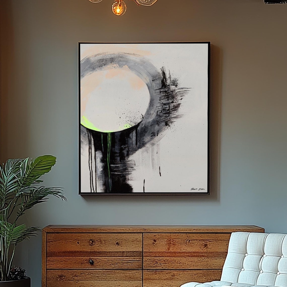 Monochrome Enso Circle Abstract Poster with Neon Yellow Accent - Image 5