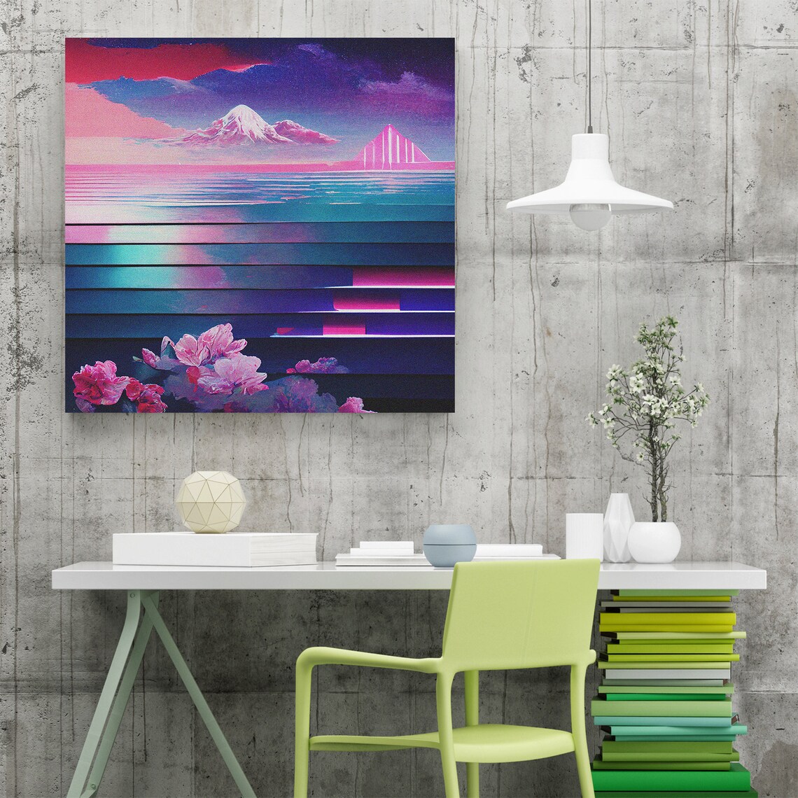 Mount Fuji Pink Sunset Over Ocean Cherry Blossoms Vaporwave Art Poster - Image 2