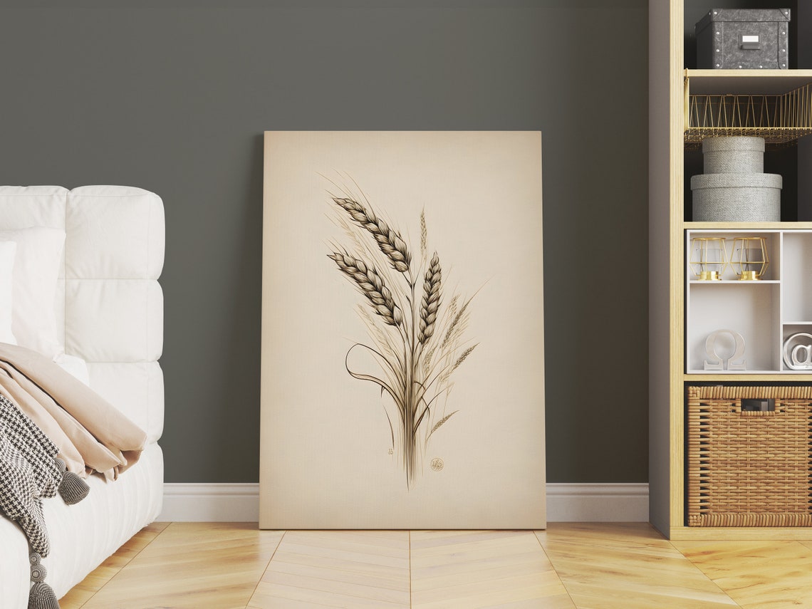 Minimal Wheat Stalks Botanical Line Art On Cream Paper Poster - Image 3