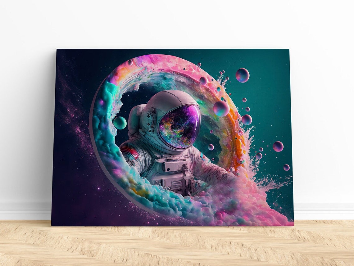 Astronaut in Colorful Cosmic Swirl Watercolor Space Art Poster
