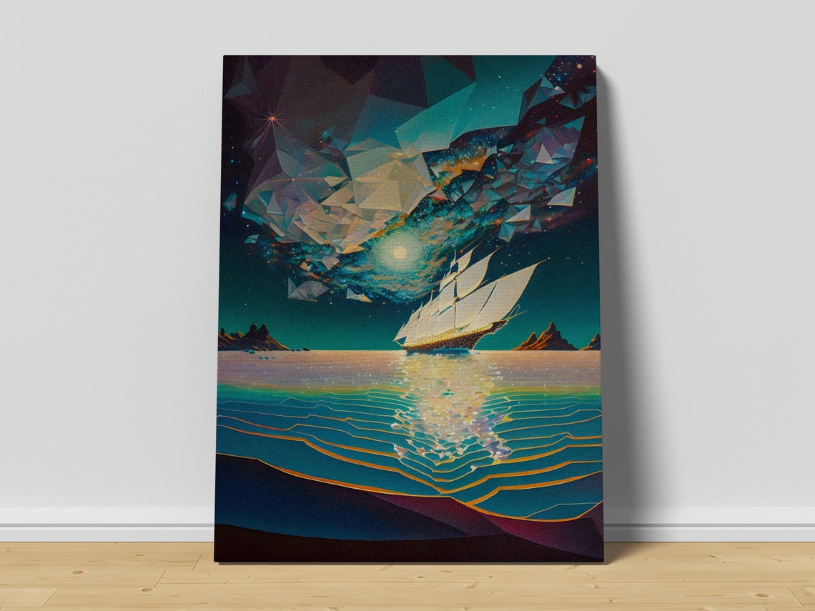 Prismatic Tall Ship Sailing Under Galaxy Night Crystal Sea Art Poster