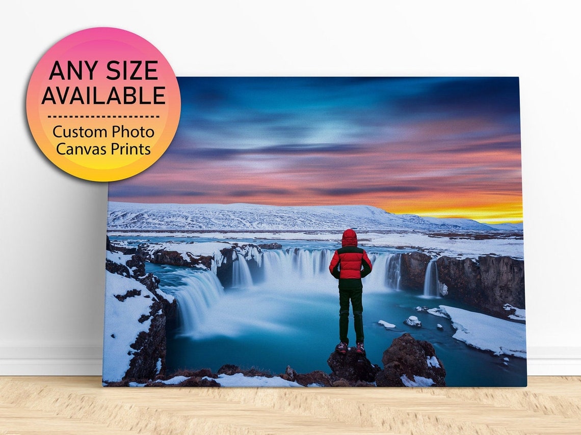 Custom Travel Photo Poster Adventurer At Snowy Waterfall Sunset Vista