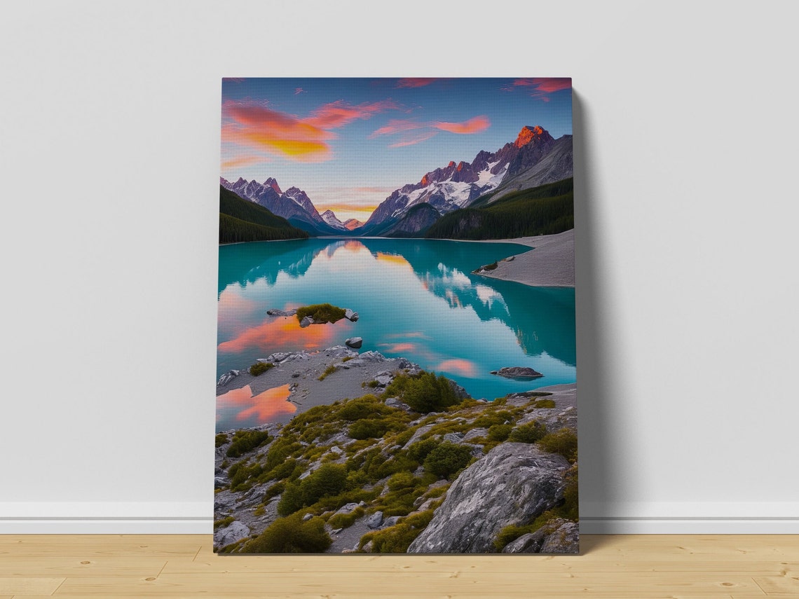 Turquoise Alpine Lake Mirror Sunset Behind Snowy Peaks Poster