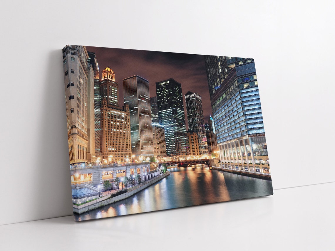 Chicago River at Night Illuminated Downtown Skyscrapers City Poster - Image 3