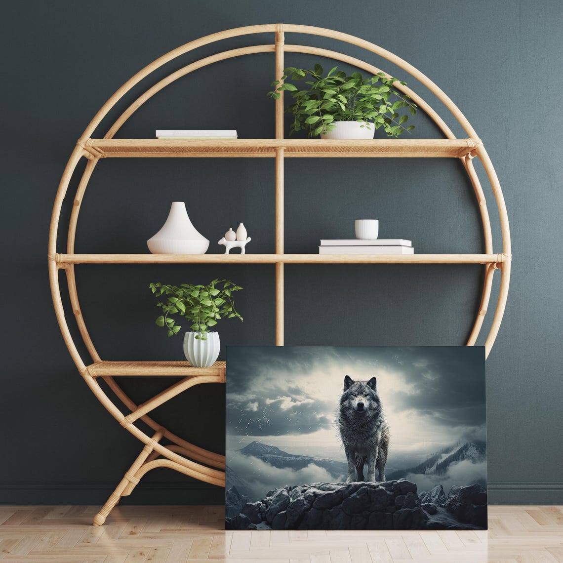 Lone Wolf Standing On Rocky Cliff High Above Storm Clouds Poster - Image 2