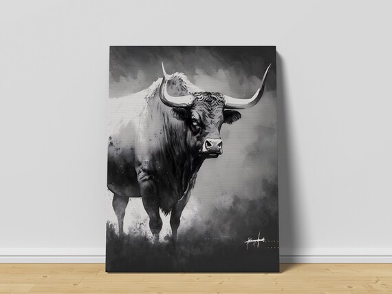 Black And White Longhorn Bull Watercolor Painting Art Poster