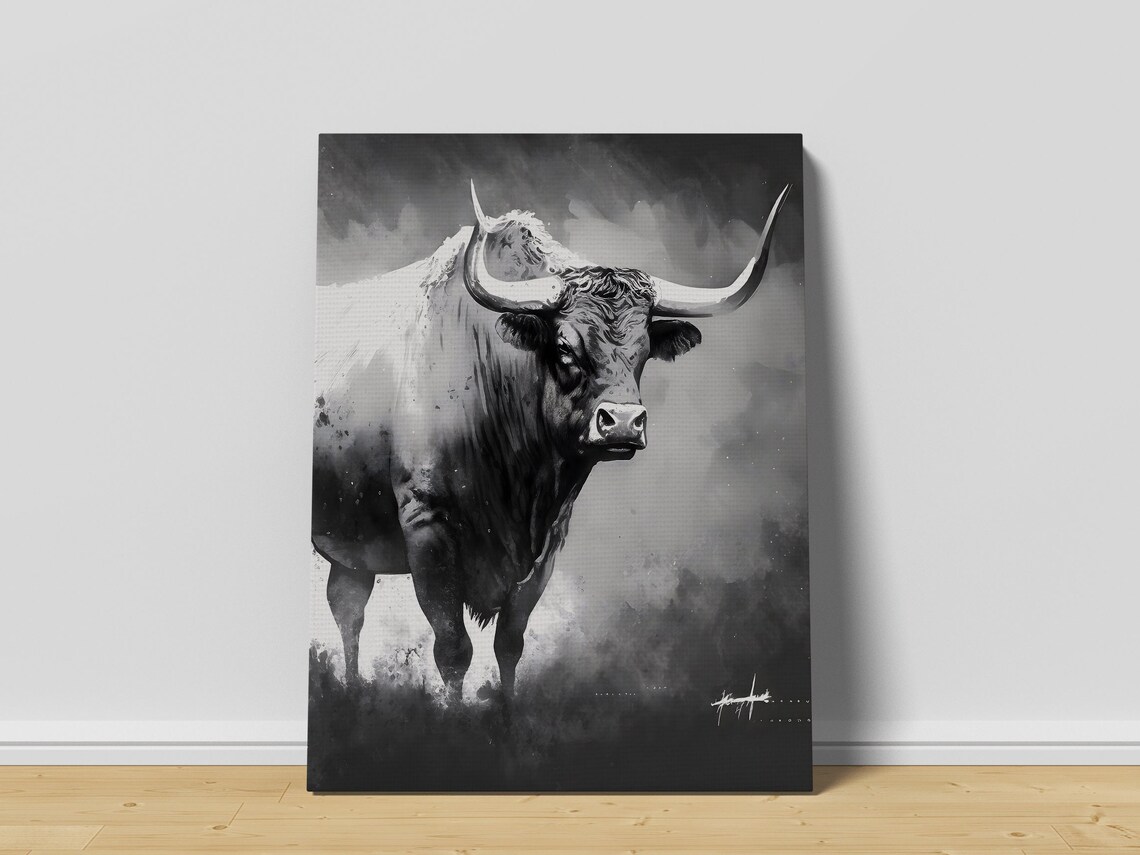 Black And White Longhorn Bull Watercolor Painting Art Poster