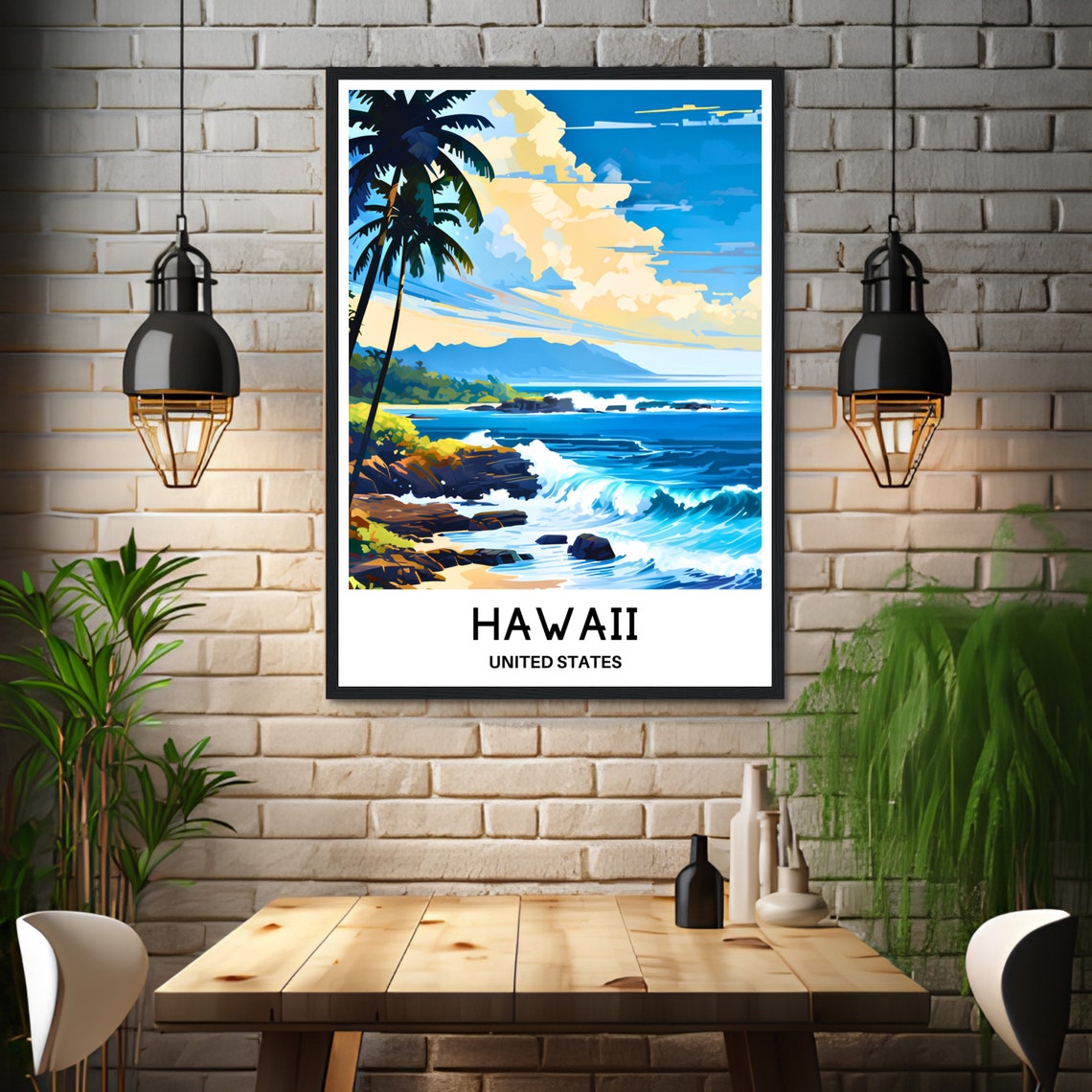 Hawaii Coast Palm Trees Vintage Travel Surf Wave Beach Poster - Image 3