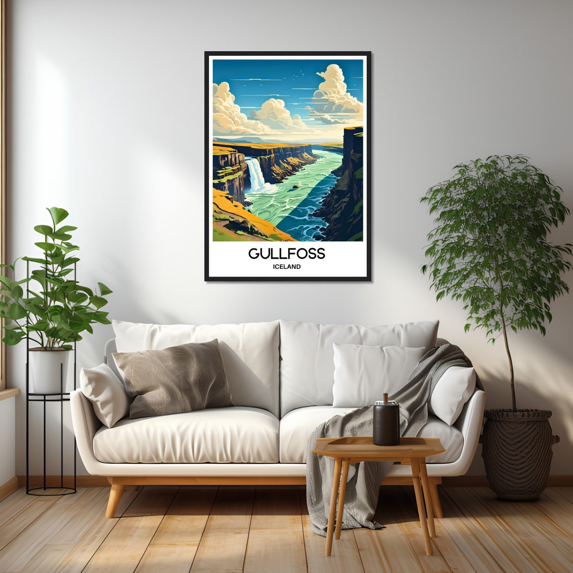 Gullfoss Iceland Waterfall and River Canyon Travel Illustration Poster - Image 2
