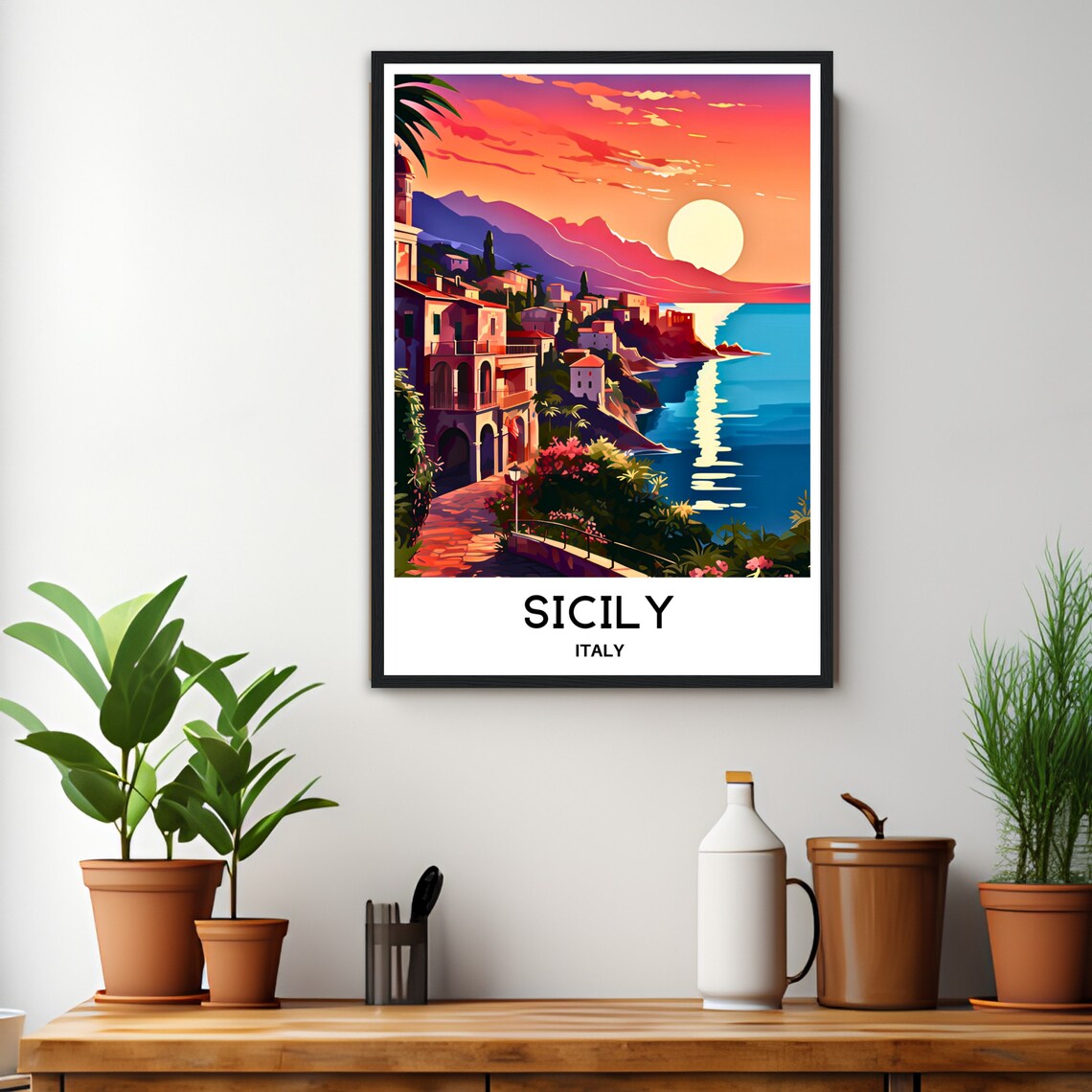 Sicily Italy Coastal Town At Sunset Warm Tones Vintage Poster - Image 2
