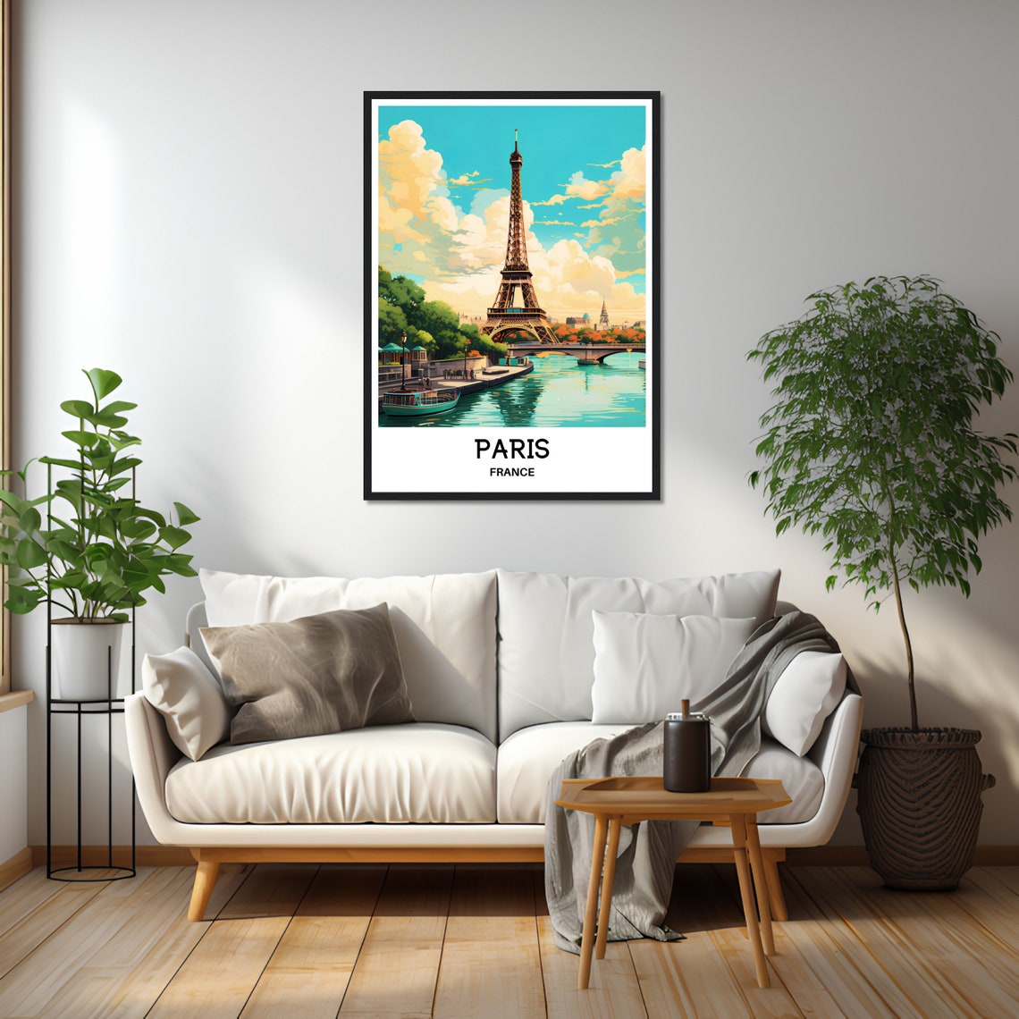 Paris France Eiffel Tower and Seine River Boat Scene Travel Poster - Image 2