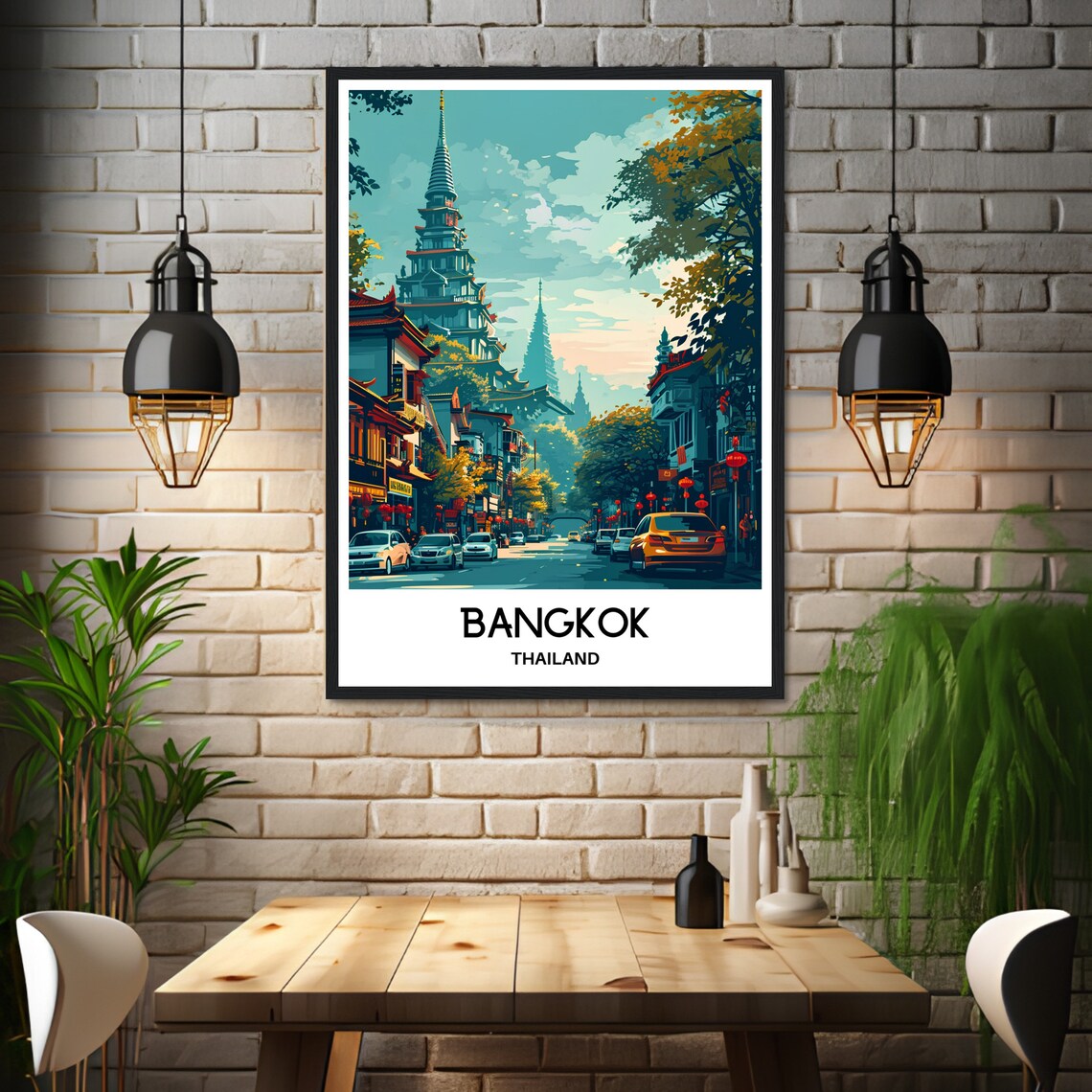 Bangkok Thailand Temple Spire Street Lanterns Taxis Travel Poster - Image 3