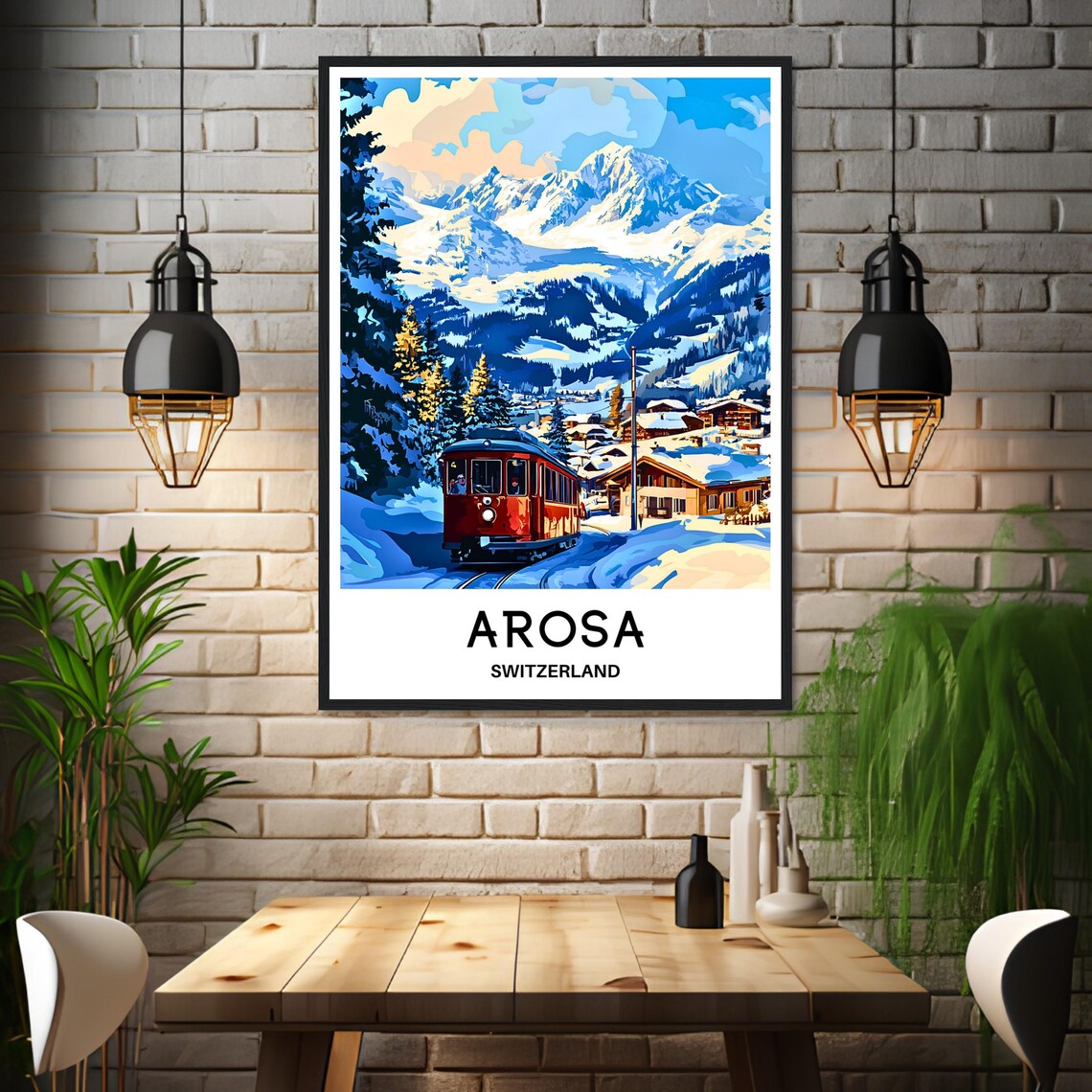 Arosa Switzerland Snowy Ski Village Red Train Alpine Scene Poster - Image 3