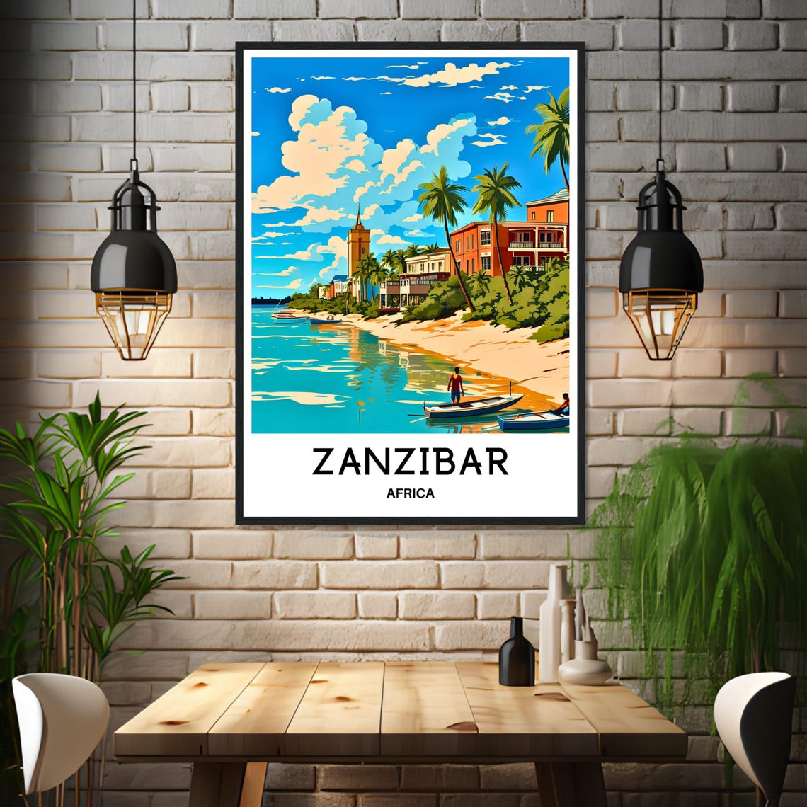 Zanzibar Africa Beach Palms Stone Town Harbor Scene Travel Poster - Image 3