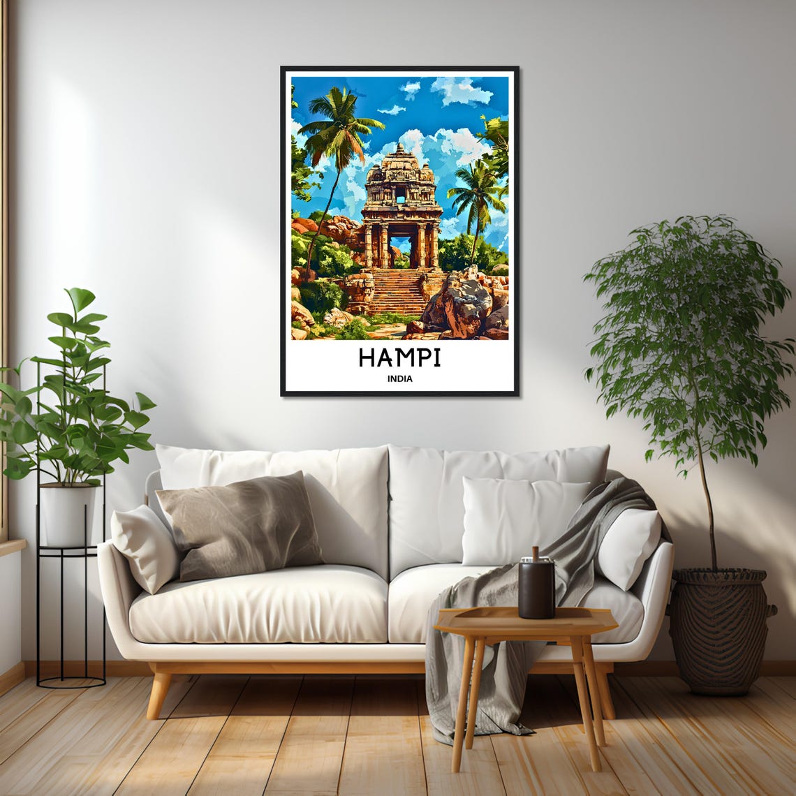 Hampi India Ancient Stone Temple Palms and Boulder Hills Poster - Image 2