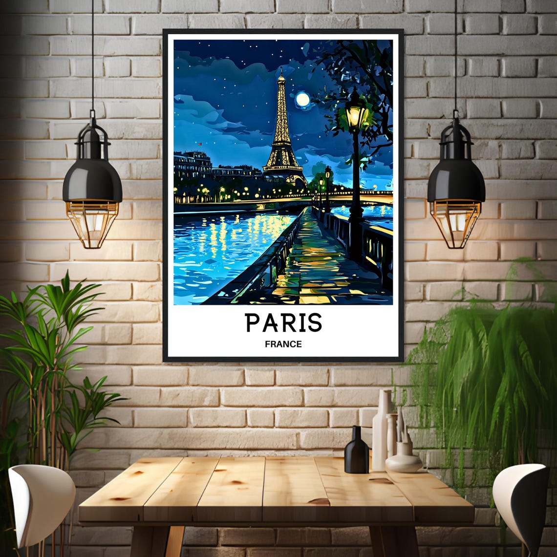 Paris France Eiffel Tower Moonlit Night Riverside Lamp Glow Poster - Image 3