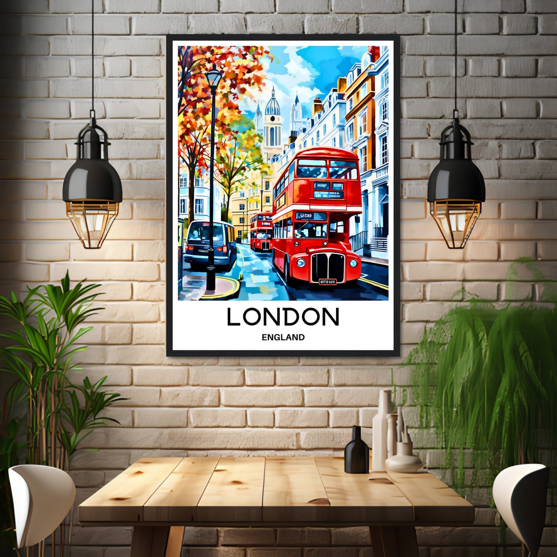 London England Red Double Decker Bus on Autumn Street Poster - Image 3