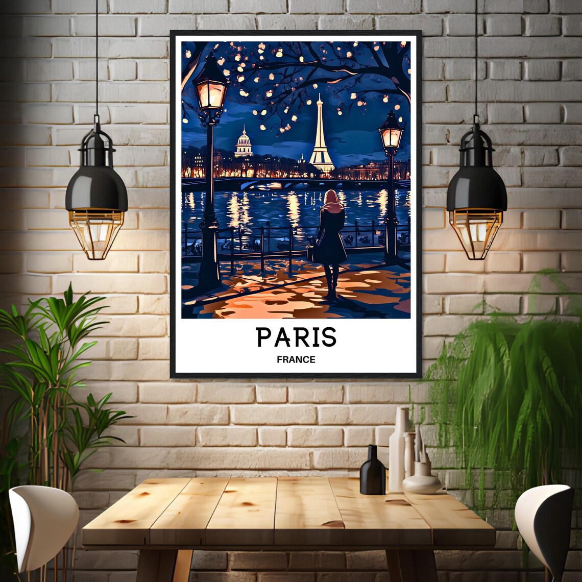 Paris France Eiffel Tower Nighttime Seine River Scene Travel Poster - Image 3