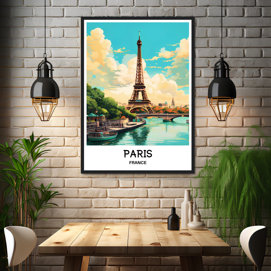 Paris France Eiffel Tower and Seine River Boat Scene Travel Poster - Image 3