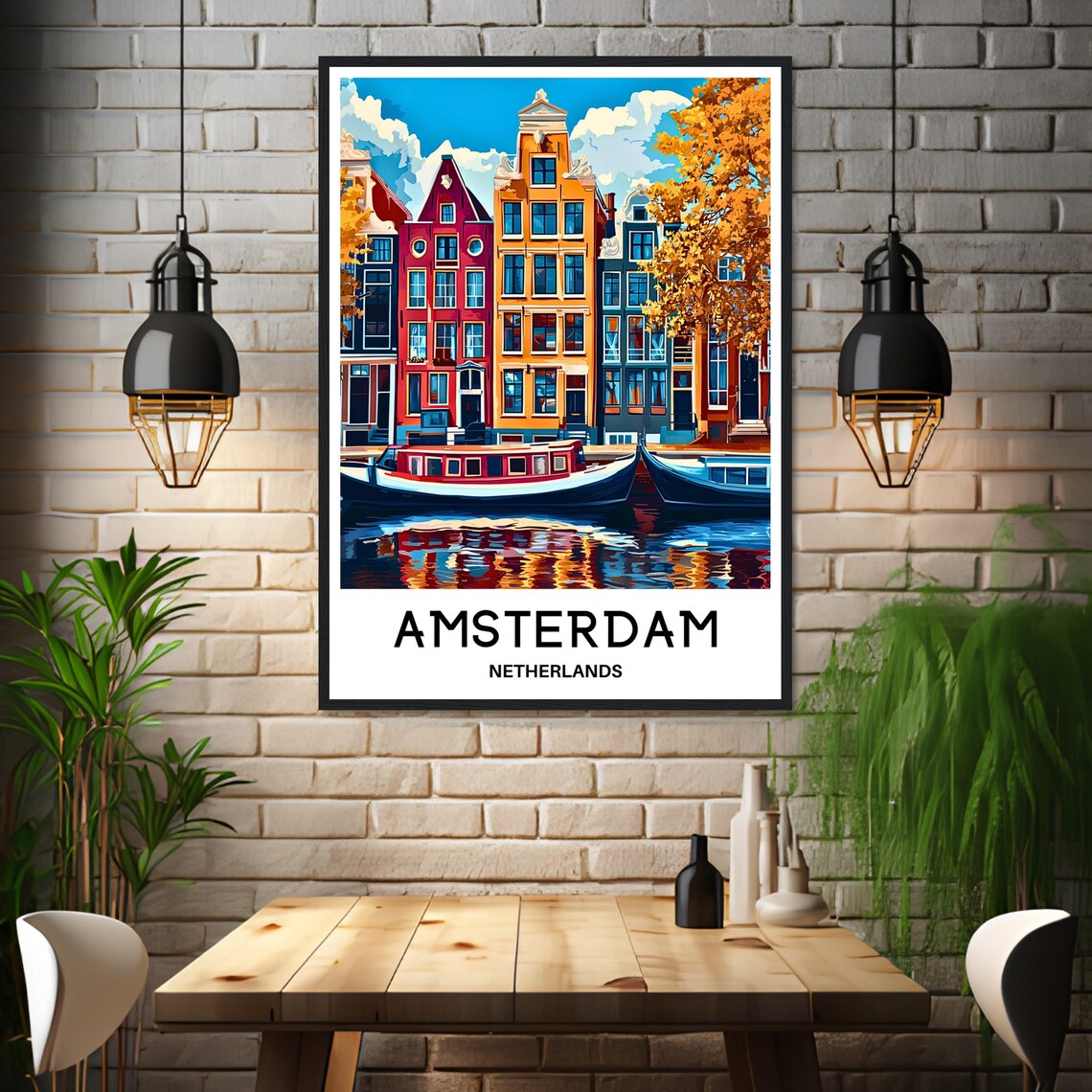 Amsterdam Canal Row Houses Houseboats Autumn Colors Travel Poster - Image 3