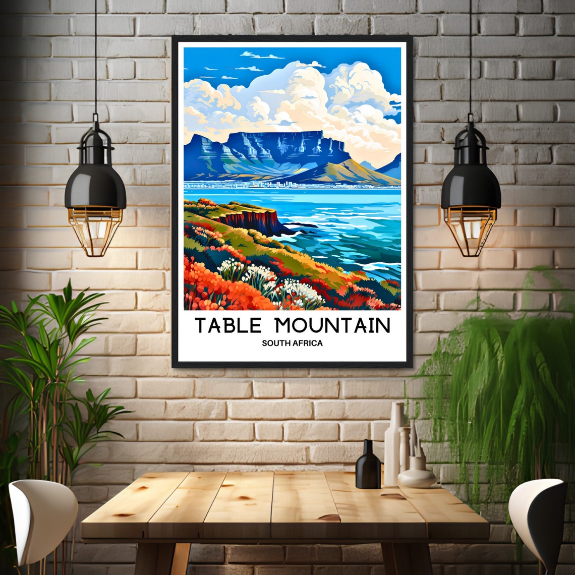 Table Mountain Coastal View Flowers South Africa Scene Poster - Image 3