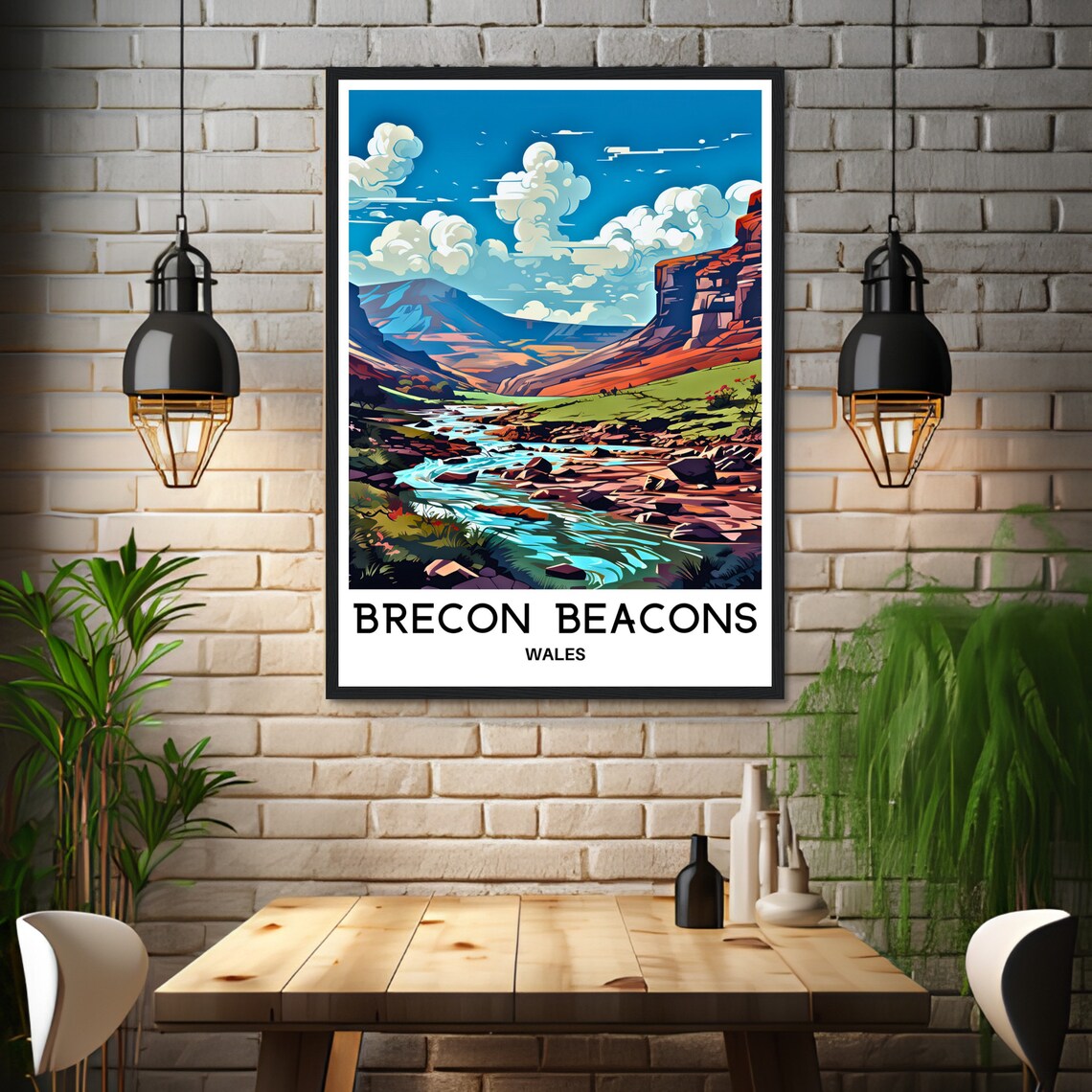 Brecon Beacons River Valley Wales Illustrated Landscape Travel Poster - Image 3