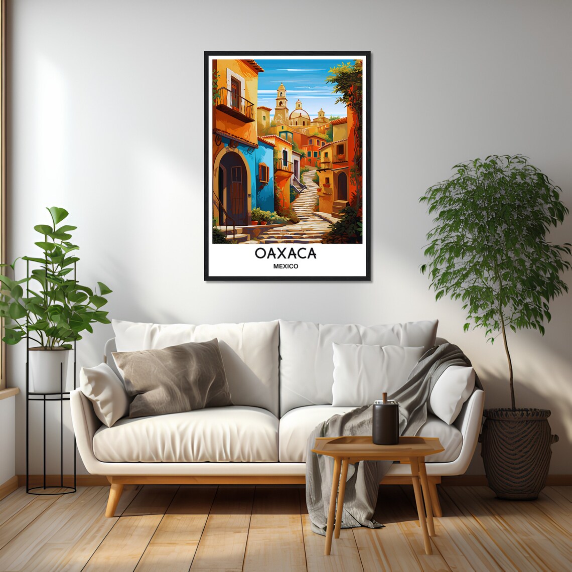 Oaxaca Mexico Cobblestone Alley Colorful Houses Church View Poster - Image 2
