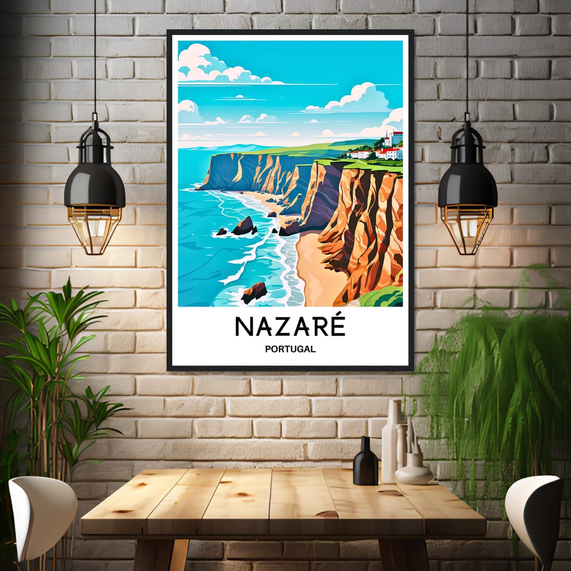 Nazare Portugal Cliffs Surf Town Coastal Illustration Poster - Image 3