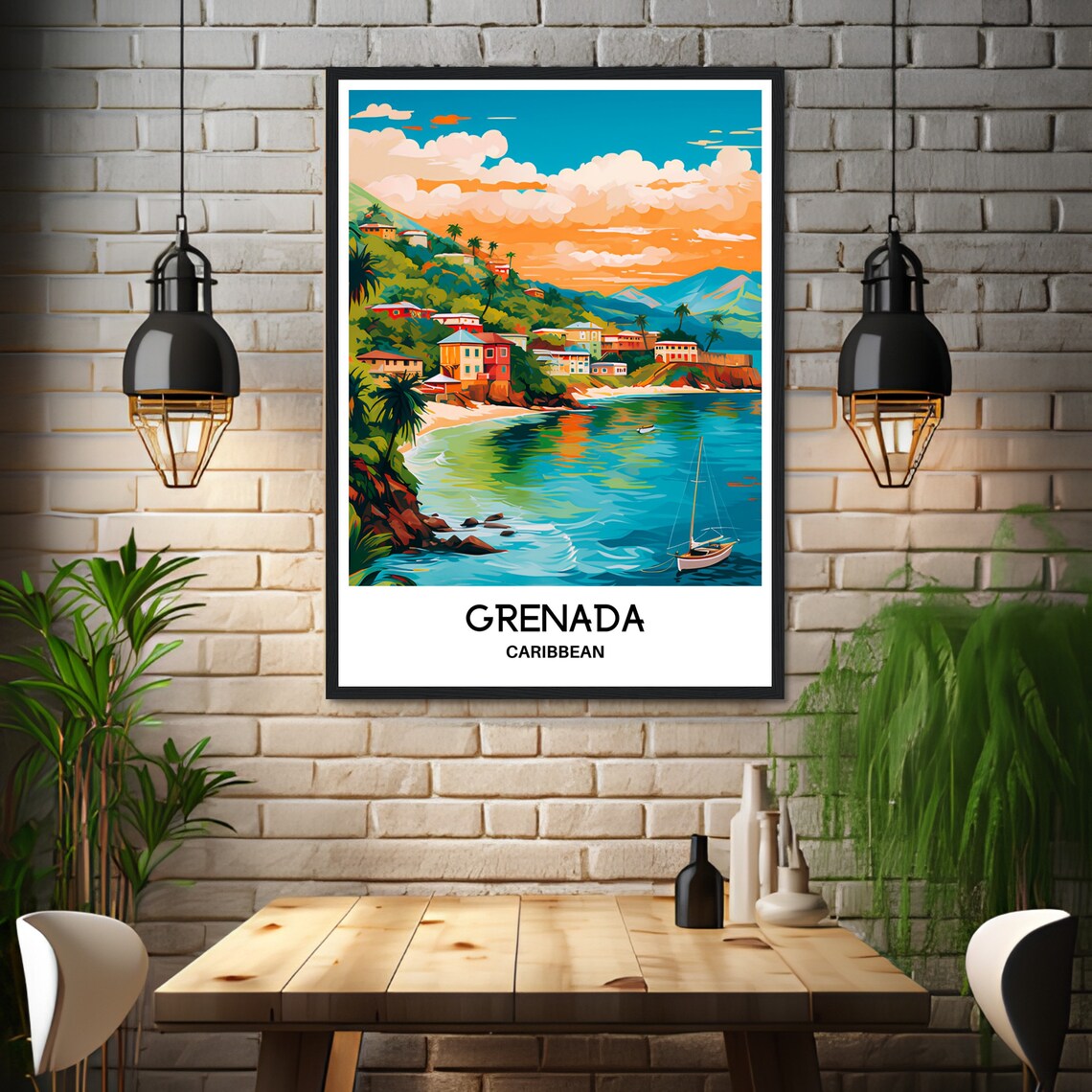 Grenada Caribbean Harbor Town Sailboat Golden Sunset Travel Poster - Image 3
